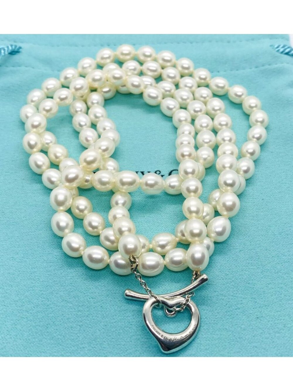 Tiffany & Co Sterling Silver 925 Elsa Peretti Toggle Pearl Necklace 36.5"